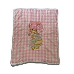 Vintage Handmade Pink Gingham Kitten Baby Quilt Blanket